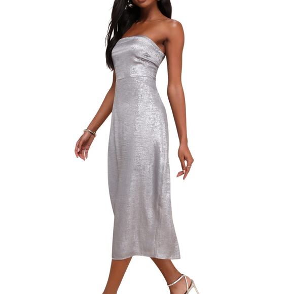 Lulu’s NWT Ideal Essence Shiny Silver Metallic Strapless Elegant Midi Dress - Picture 4 of 16